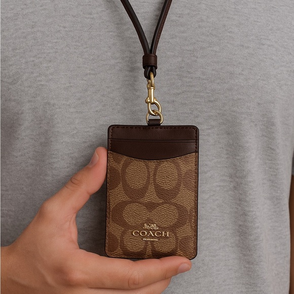 Coach Handbags - Coach Signature Canvas Lanyard ID Card Holder – Tan/Brown Leather​
